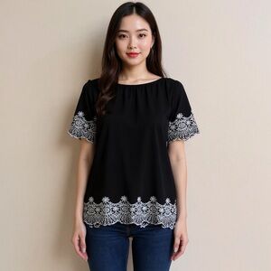 Adrianna Papell Scalloped Embroidered Hem Off Shoulder Top